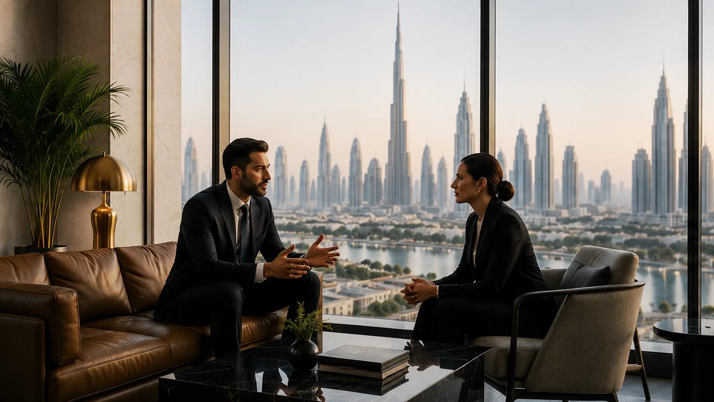 Advisors in consultation with the Dubai skyline